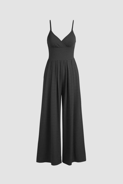 Surplice Spaghetti Strap Wide Leg Jumpsuit.