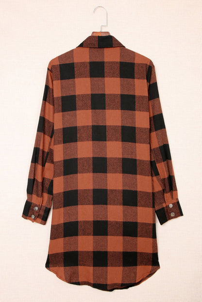 Chic brown plaid shirt coat with turn-down collar