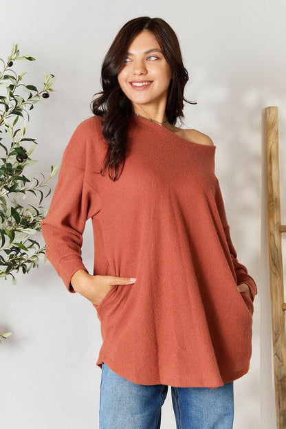 BOMBOM Drop Shoulder Long Sleeve Blouse with Pockets.