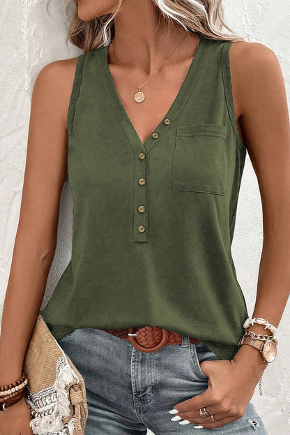 Jungle green v-neck tank top with button detail and patched pocket