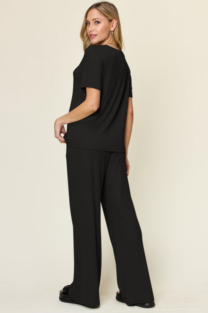 Double Take Full Size Round Neck Short Sleeve T-Shirt and Wide Leg Pants Set.