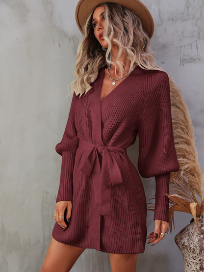 Belted Surplice Lantern Sleeve Wrap Sweater Dress.