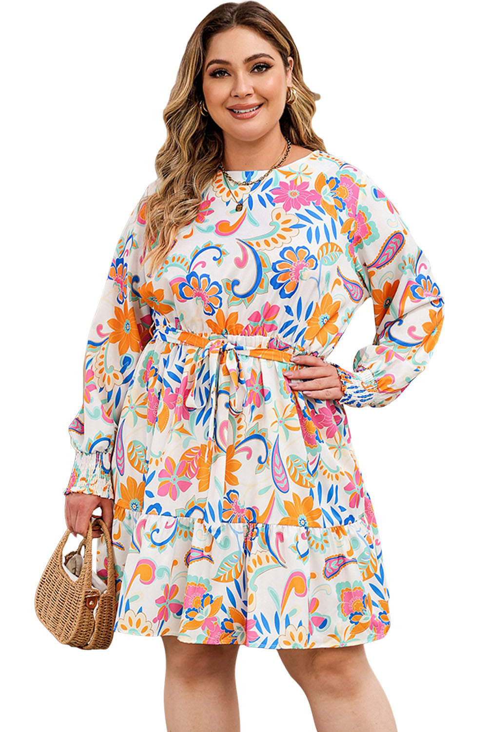 Vibrant orange paisley floral plus size dress with belt