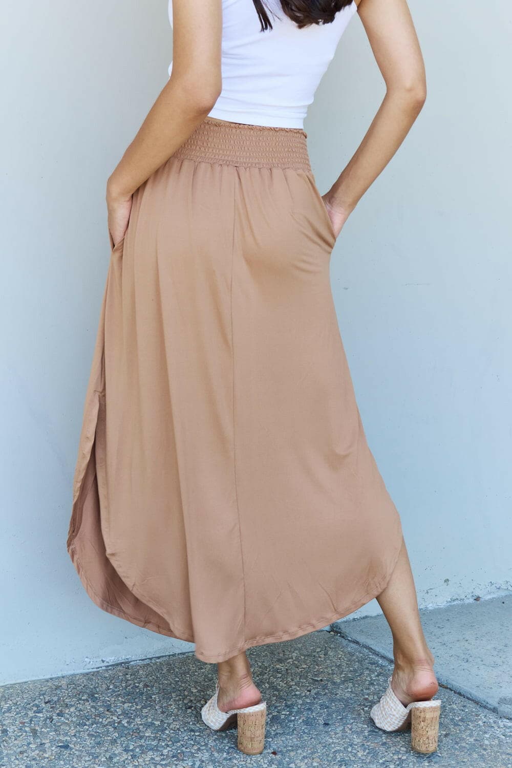 Doublju Comfort Princess Full Size High Waist Scoop Hem Maxi Skirt in Tan.