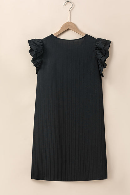 Elegant black ribbed shift dress with ruffled sleeves in plus size