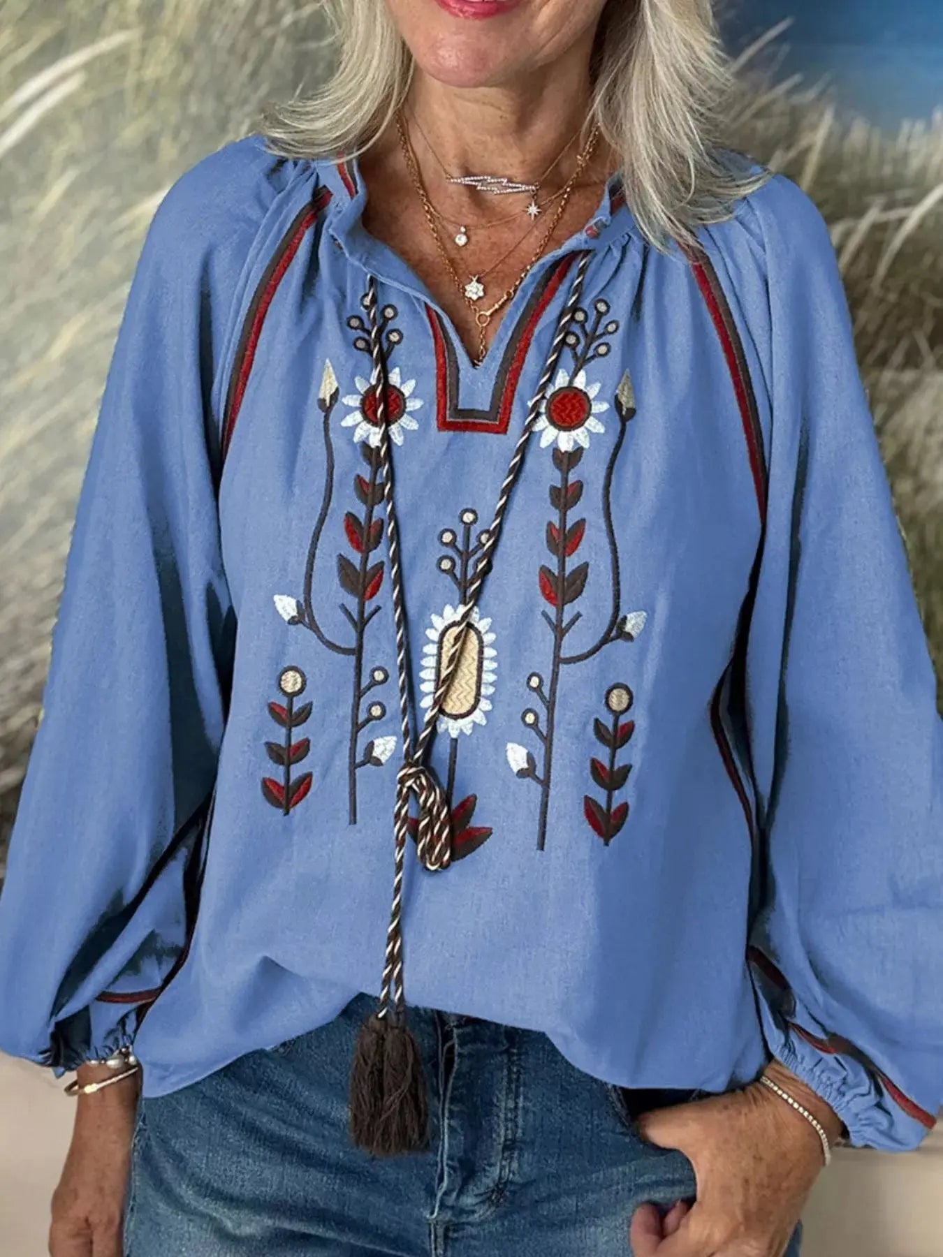 Blue Floral Embroidered Split Neck Tassel Tie Puff Sleeve Blouse Simply Love