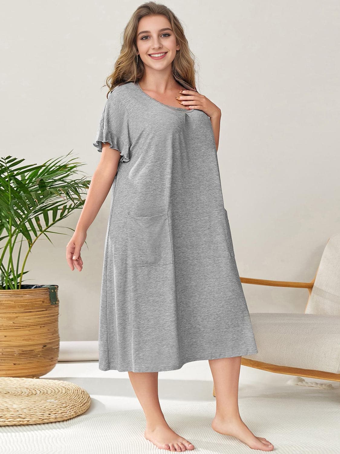 Plus Size Round Neck Short Sleeve Lounge Dress.