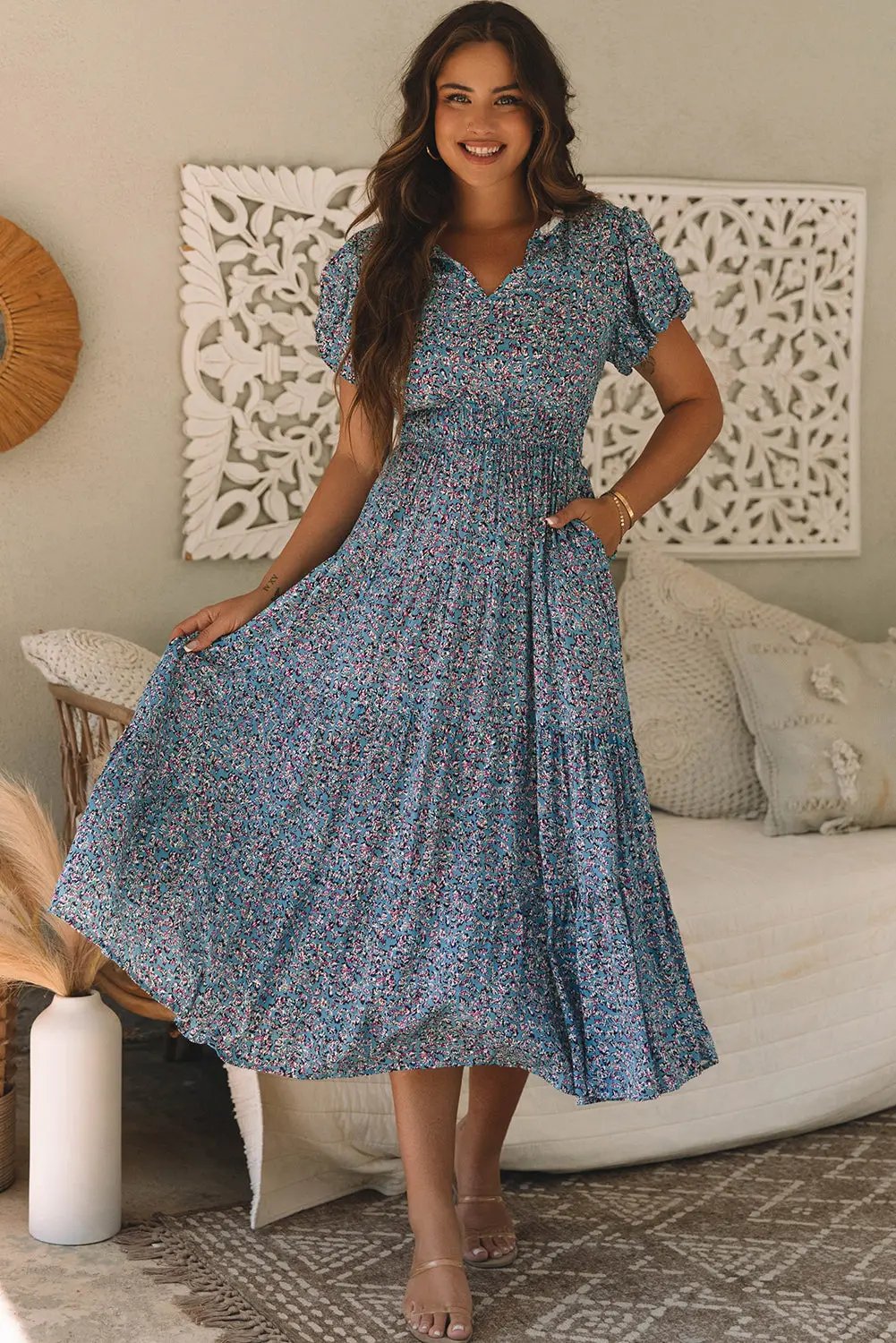 Helena Shirred Short Puff Sleeve Maxi Dress in Stylish Print - Love Salve 