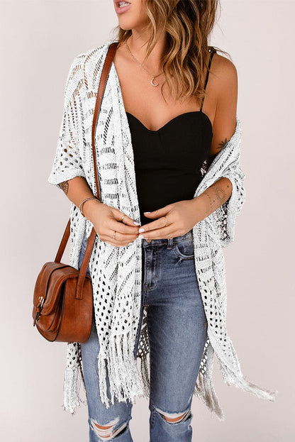 Openwork Open Front Cardigan with Fringes.