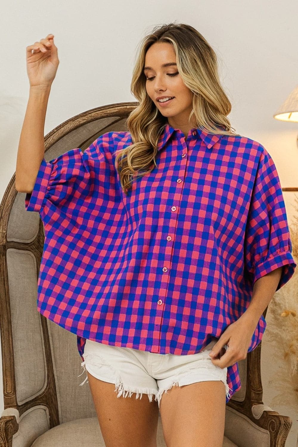 BiBi Plaid Button Up Dolman Sleeve Shirt.