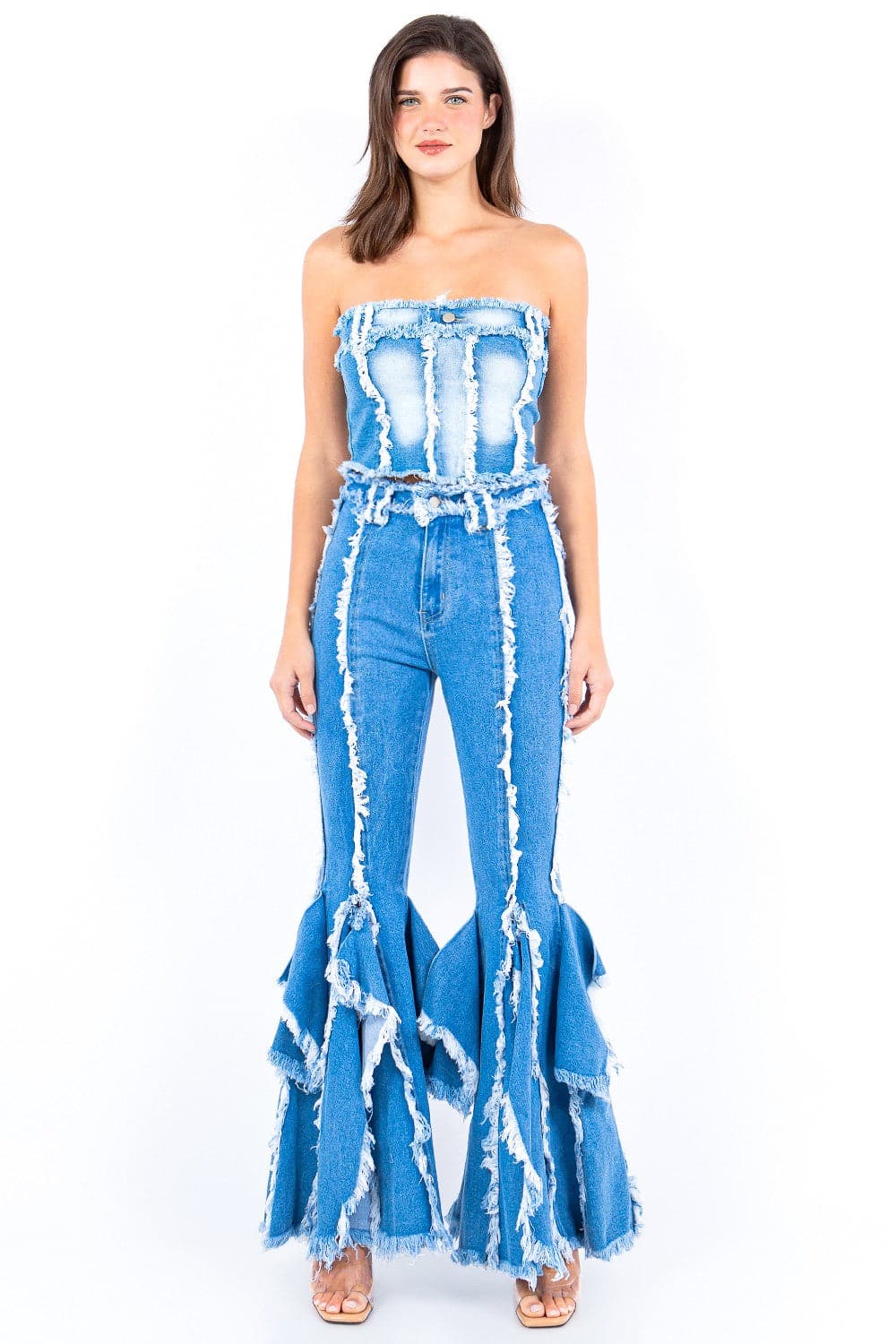 Frayed edge denim corset top with a chic twist