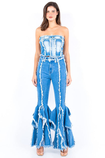 Frayed edge denim corset top with a chic twist