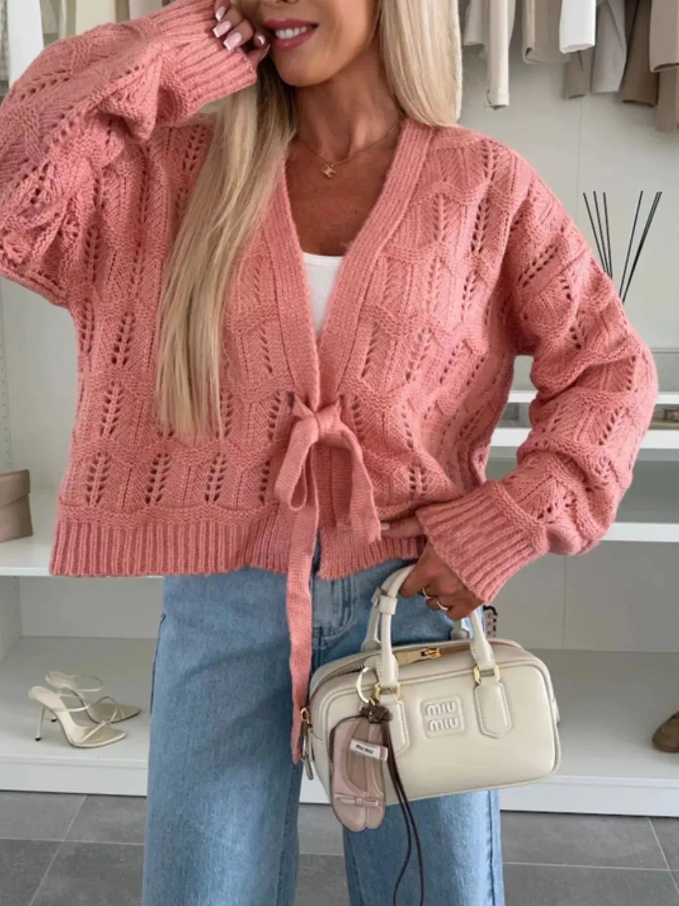 Tie-Front Openwork Cardigan Simply Love