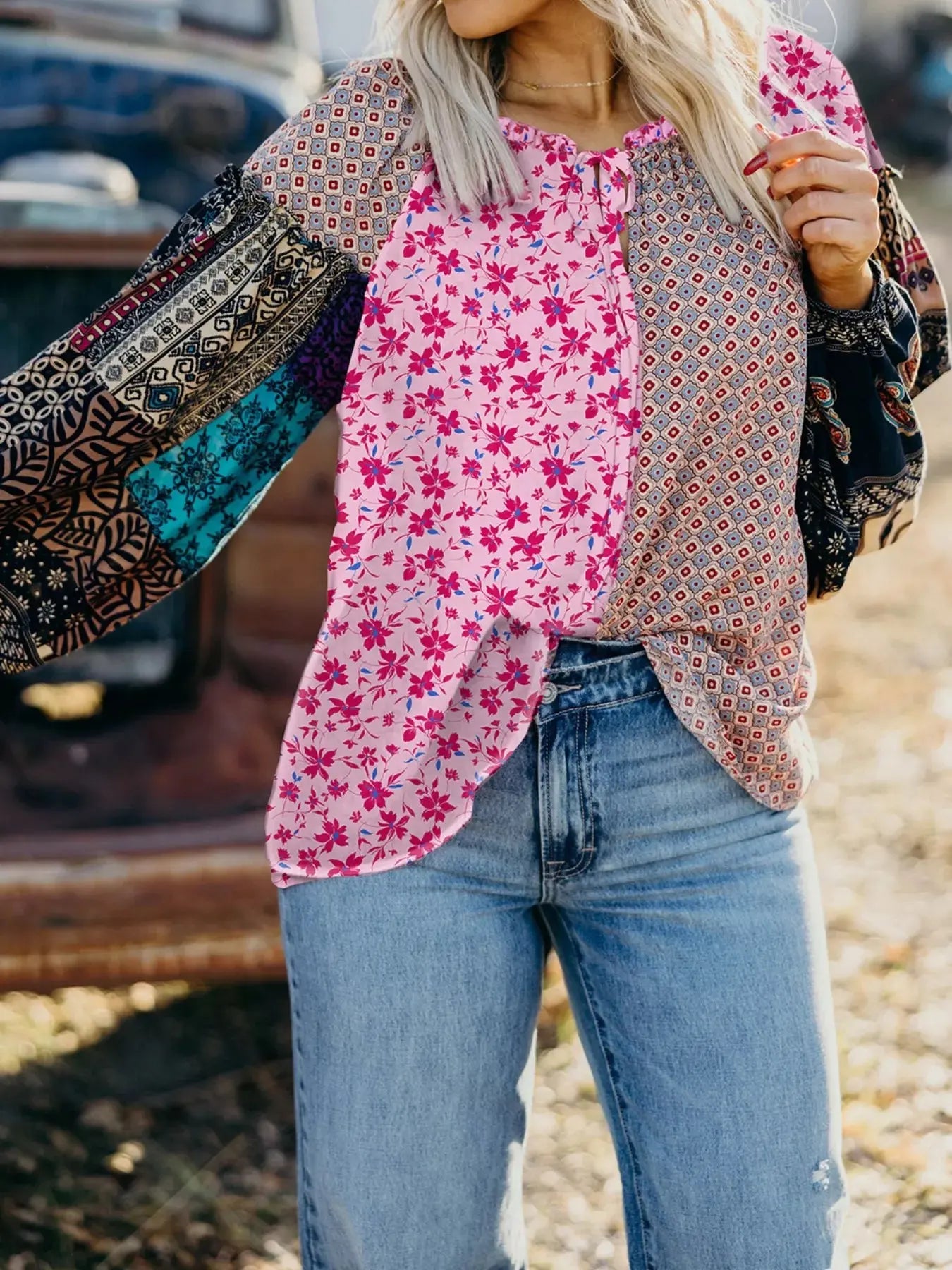 Boho Mixed Floral Drop Shoulder Bubble Sleeve Blouse Simply Love