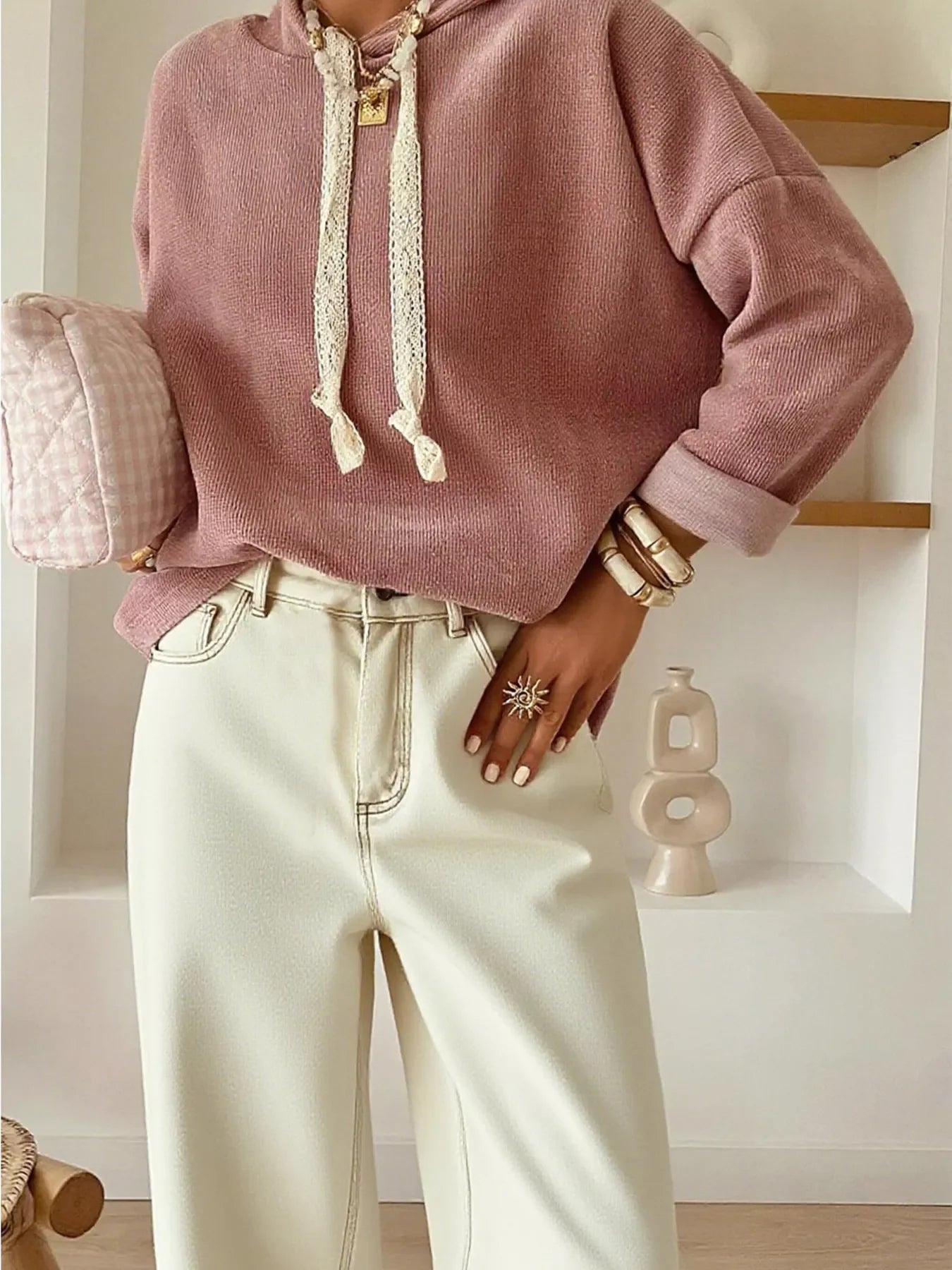 Drawstring Dropped Shoulder Hoodie Simply Love