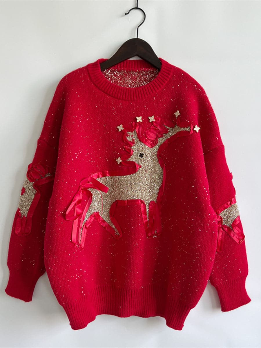 Reindeer Round Neck Long Sleeve Sweater.