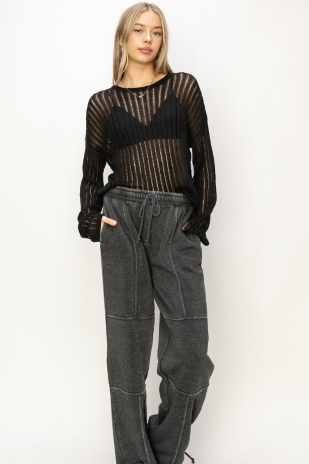 HYFVE Openwork Ribbed Long Sleeve Knit Top.