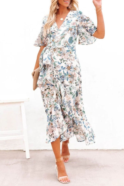 High-Low Printed Surplice Flutter Sleeve Midi Dress.