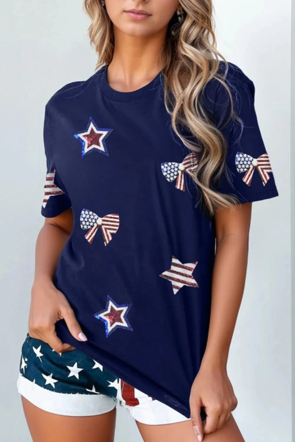 Sequin Star Round Neck Short Sleeve T-Shirt Simply Love