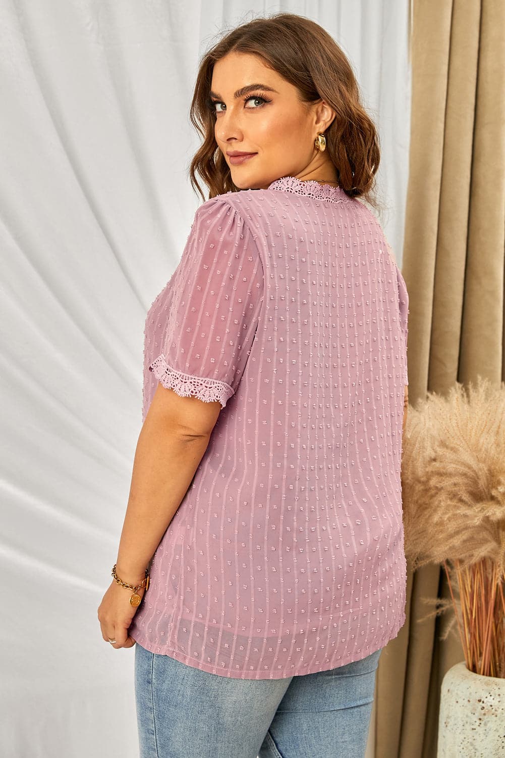 Plus Size Swiss Dot Spliced Lace V-Neck Blouse.