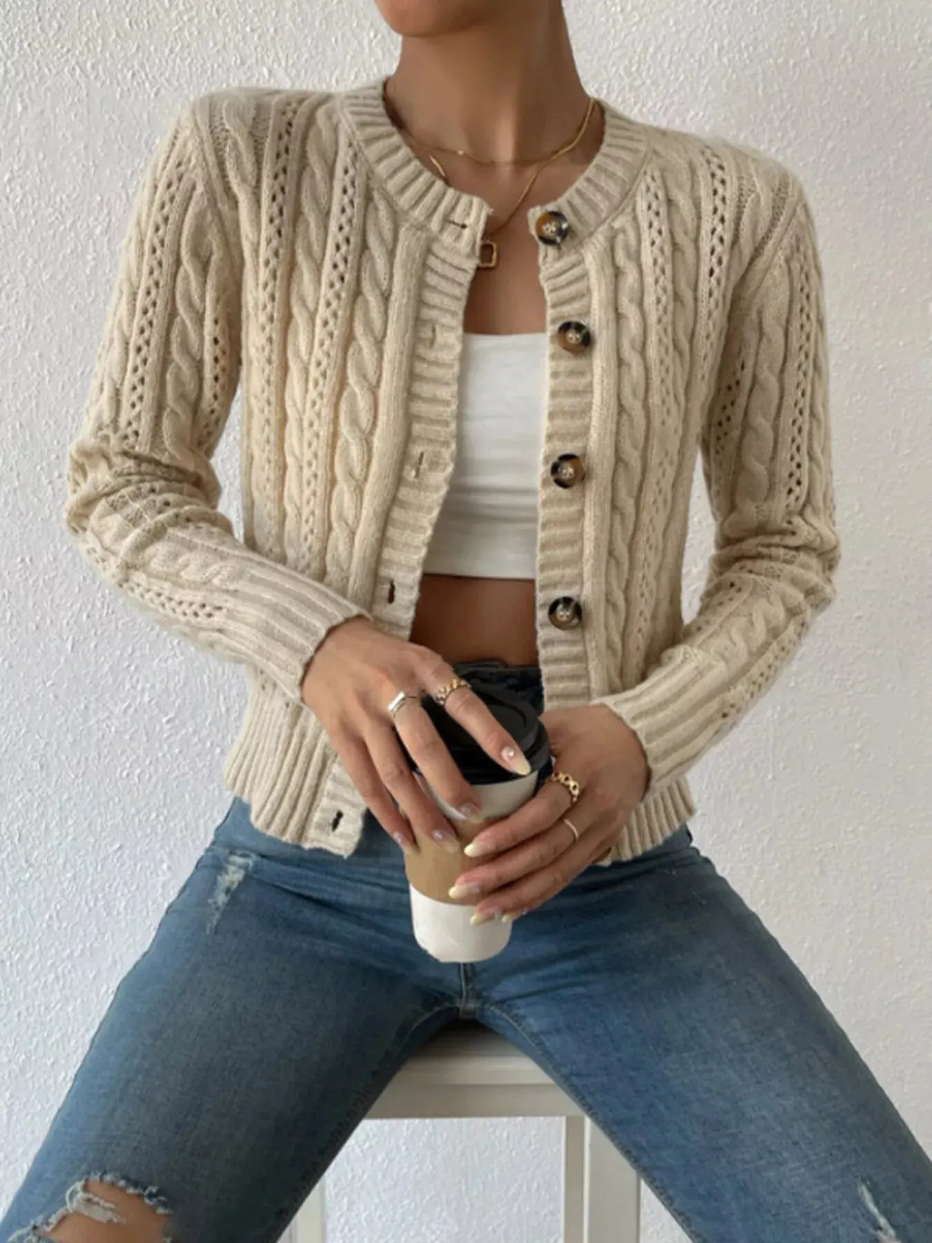 Cable Knit Button-Up Cardigan Simply Love