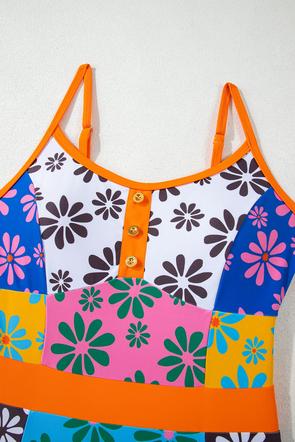 Bohemian Orange Floral Colorblock Spaghetti Strap Bodycon Teddy Swimsuit