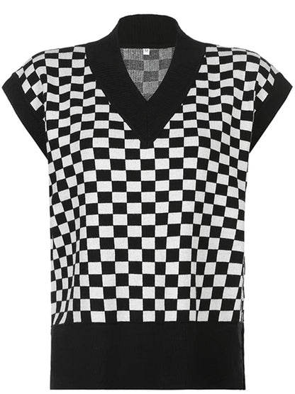 Full Size Checkered V-Neck Cap Sleeve Sweater.