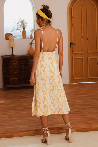 Slit Crisscross Printed Sleeveless Cami Dress.