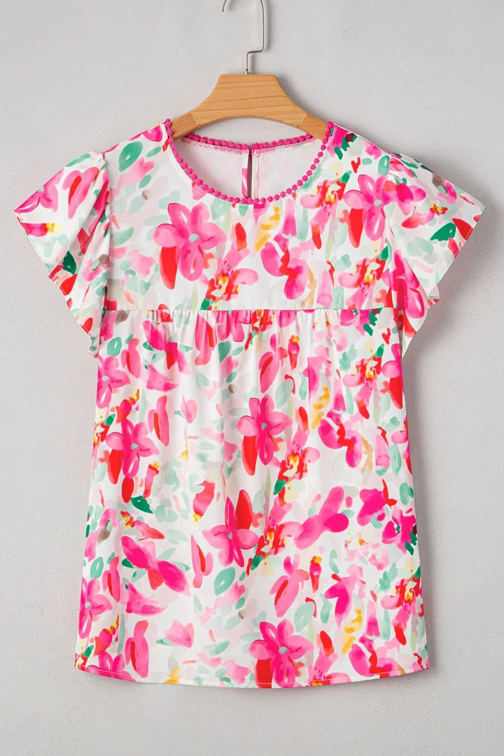 Floral Print Ruffle Sleeve Round Neck Blouse
