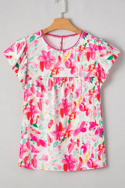 Floral Print Ruffle Sleeve Round Neck Blouse