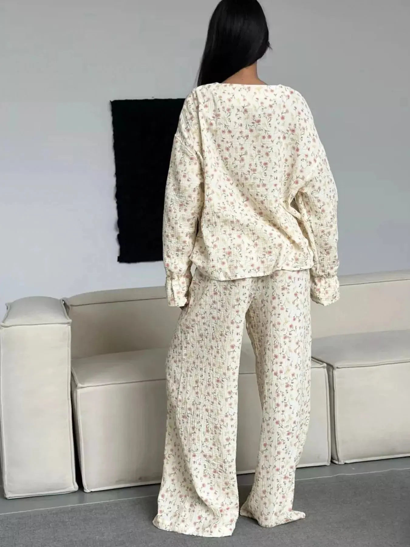 Floral Print Button-Down Top and Pants Lounge Set Simply Love