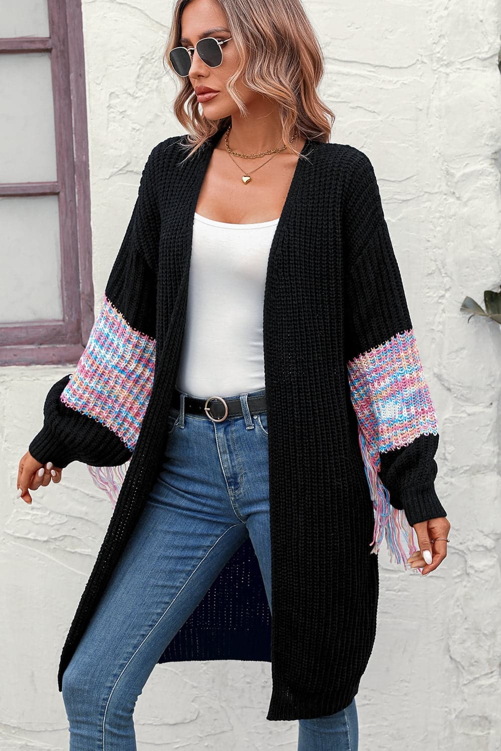 Fringe Sleeve Dropped Shoulder Cardigan.