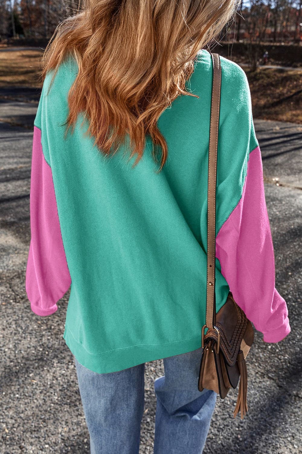 Color-blocked round neck long sleeve sweatshirt