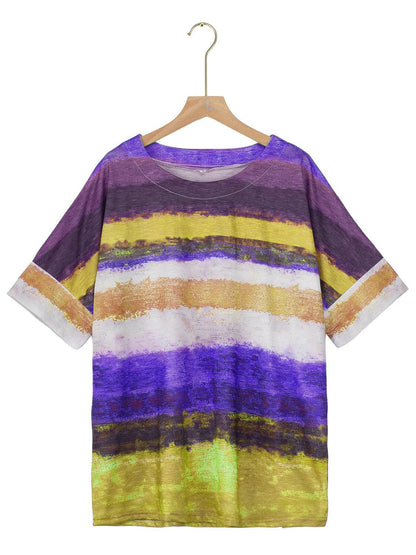 Full Size Color Block Round Neck Half Sleeve T-Shirt.