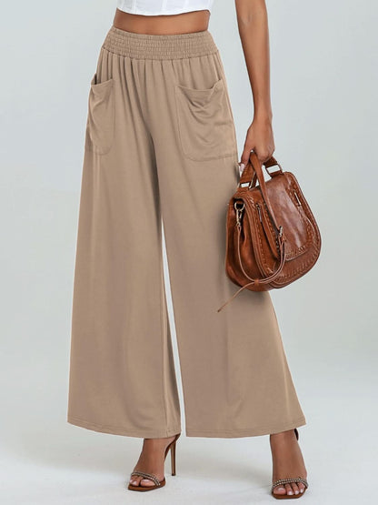 Wide Leg Pants with Pocketed Elastic Waistband