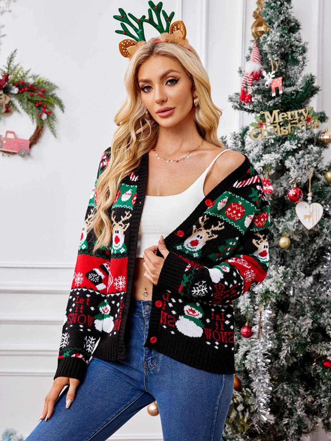 Reindeer Print Cardigan for Women - Love Salve 