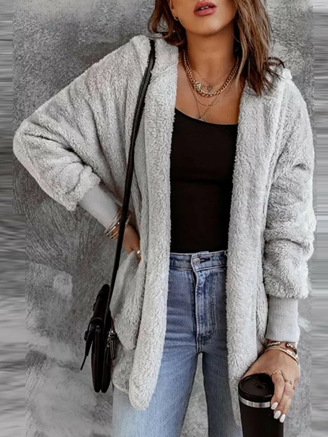 Open Front Hooded Faux Fur Outwear with Pockets.