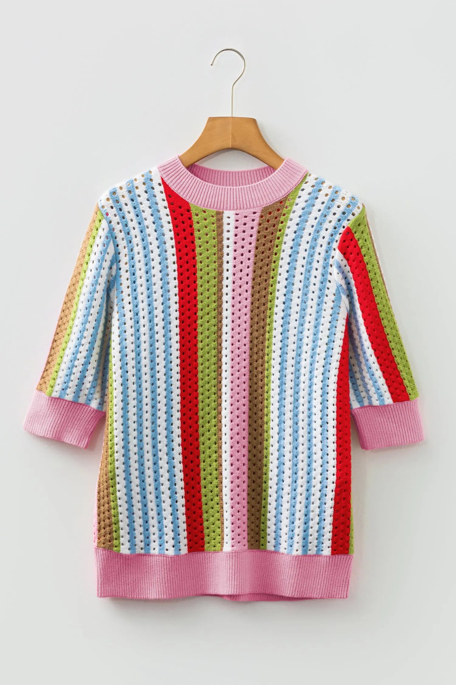 Multicolour Striped Pointelle Knit Short Sleeve Sweater Dear-Lover Dropshipping