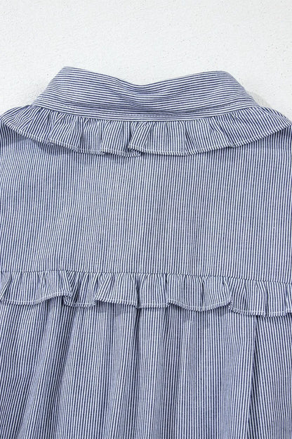 Stripe Frilled Ruffled Cap Sleeve Button Up Mini Dress