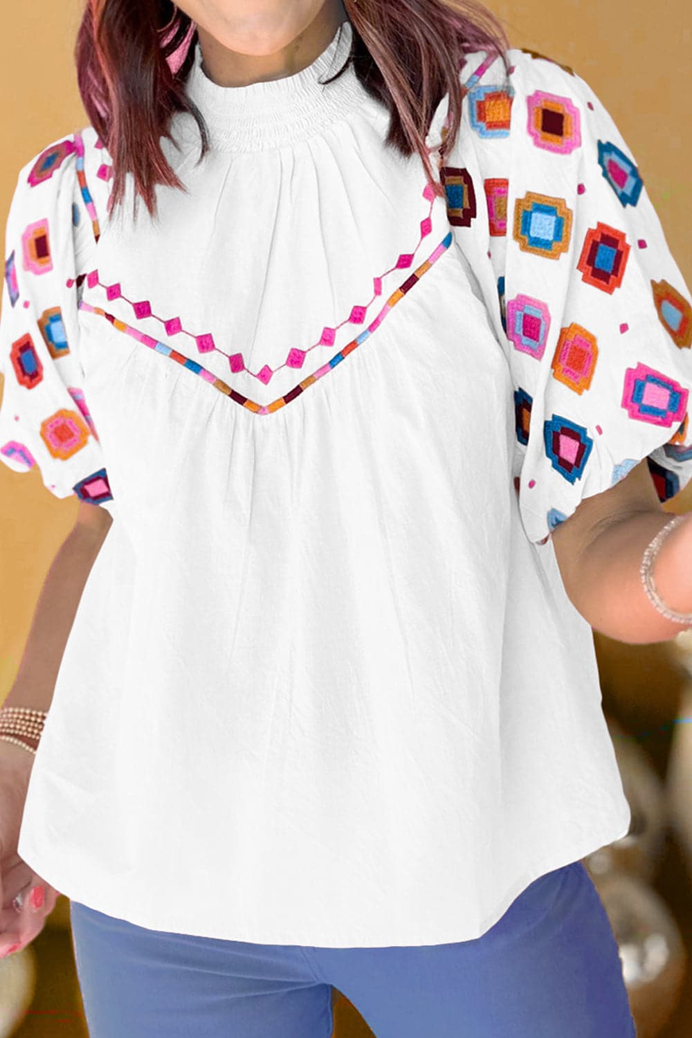 Printed Mock Neck Puff Sleeve Blouse.