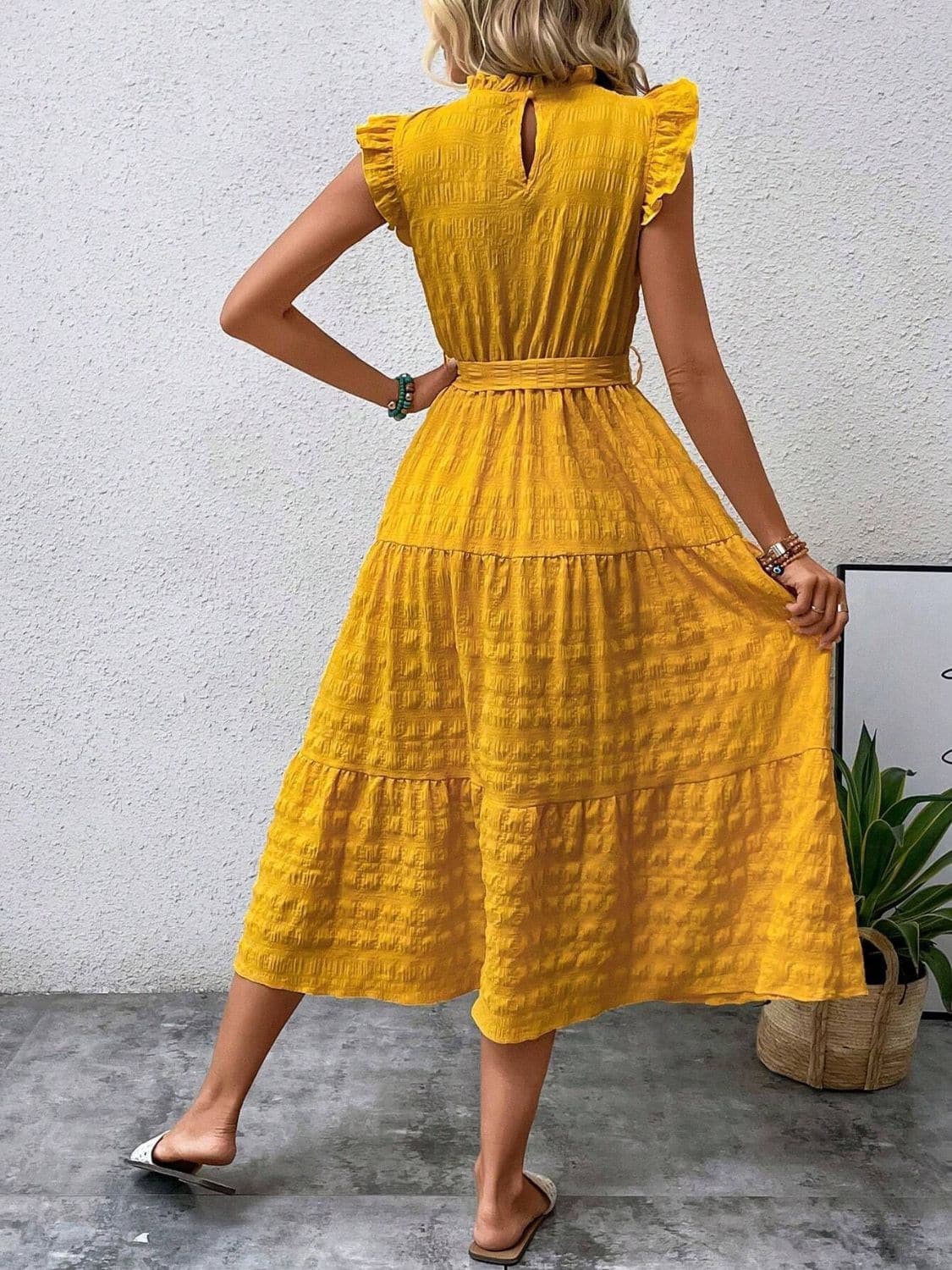 Tied Ruffled Cap Sleeve Midi Dress.