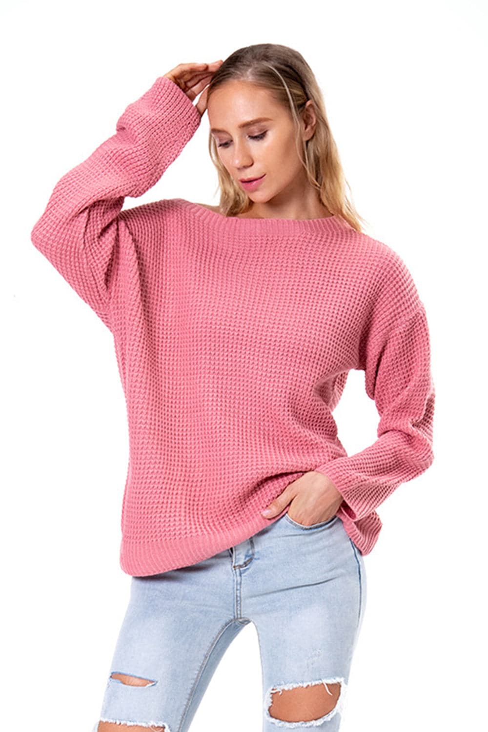 Boat Neck Drop Shoulder Long Sleeve Sweater.