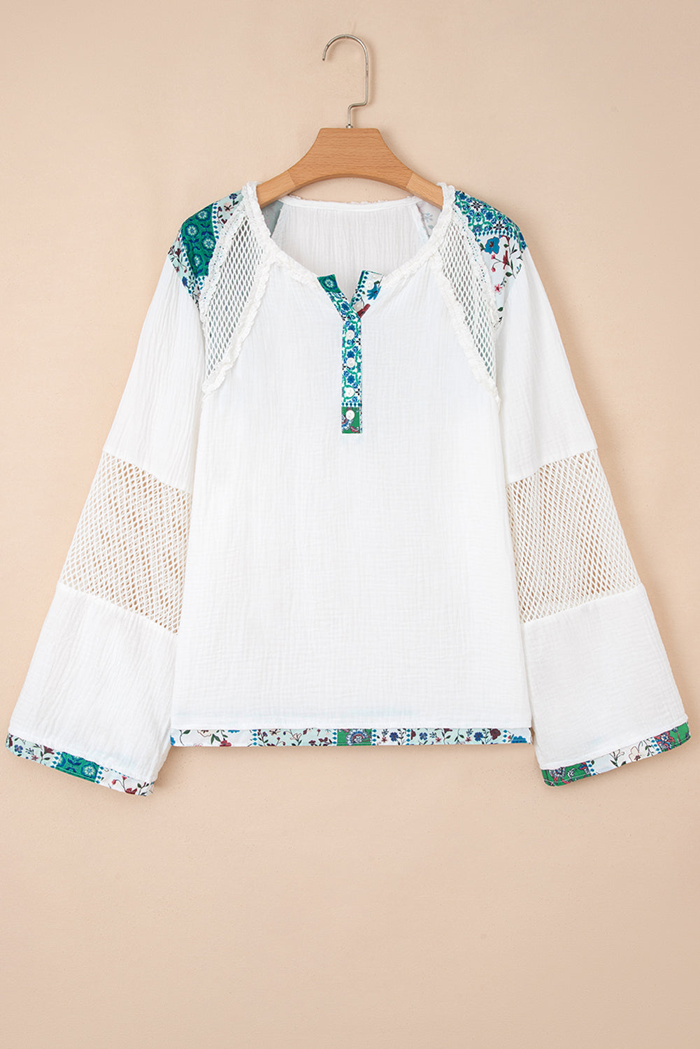 Premium White Plant Mesh Patch Color Block Half Button Blouse