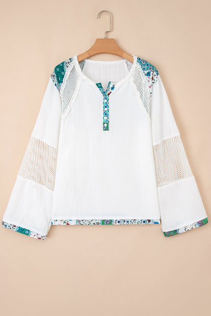 Premium White Plant Mesh Patch Color Block Half Button Blouse