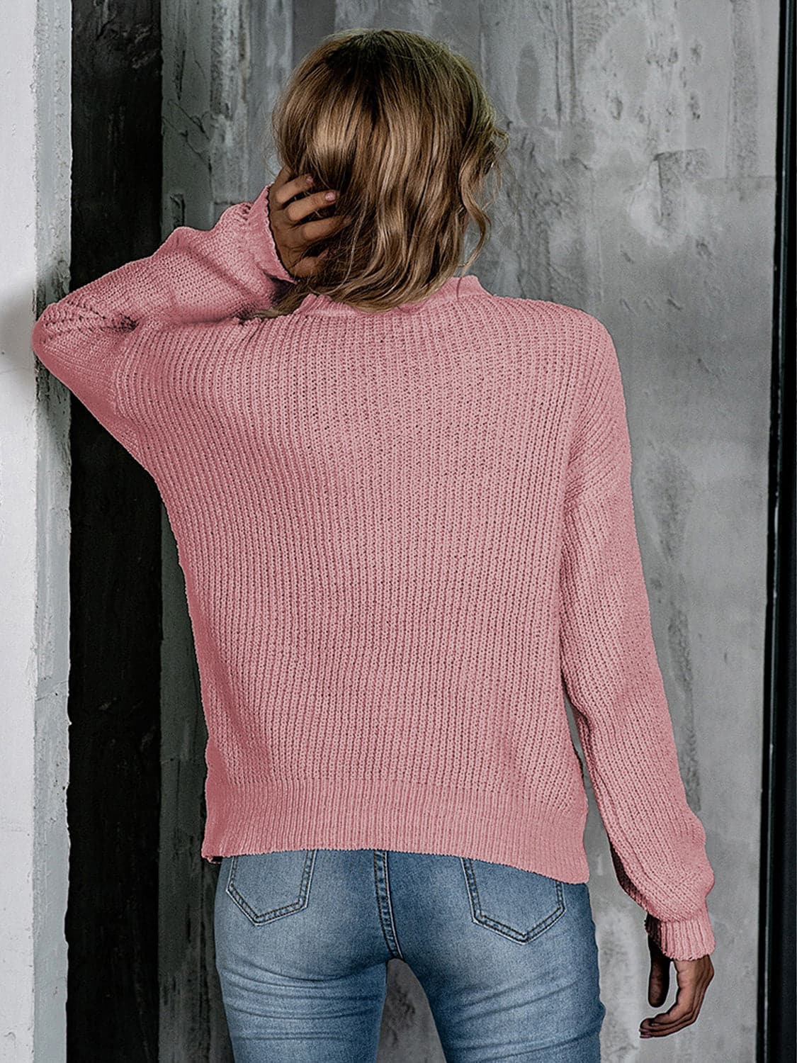 Openwork Mock Neck Long Sleeve Sweater.