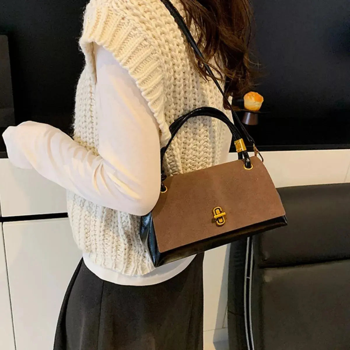 Flap Crossbody Bag With Top Handle Small PU Leather Gold Hardware Simply Love