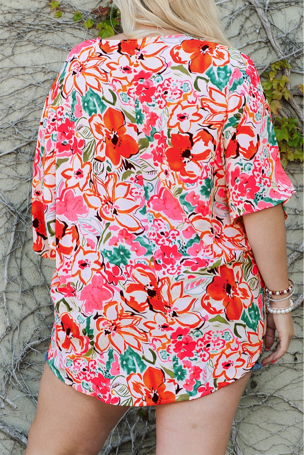 Plus Size Floral V-Neck Half Sleeve Shirt.