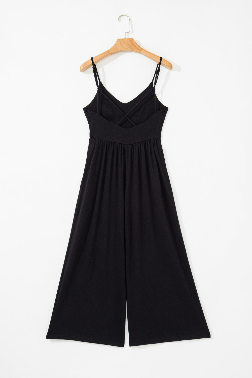 Black Pleated Wide Leg Jumpsuit with Spaghetti Straps and Open Back