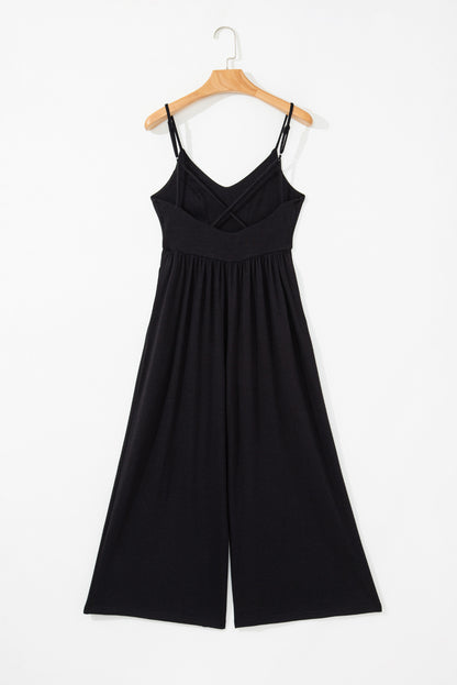 Black Pleated Wide Leg Jumpsuit with Spaghetti Straps and Open Back