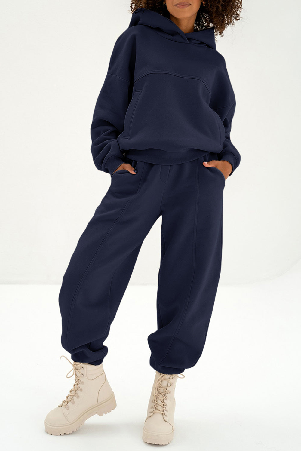 Navy Blue Solid Exposed Seams Hoodie and Joggers Activewear Set Dear-Lover Dropshipping